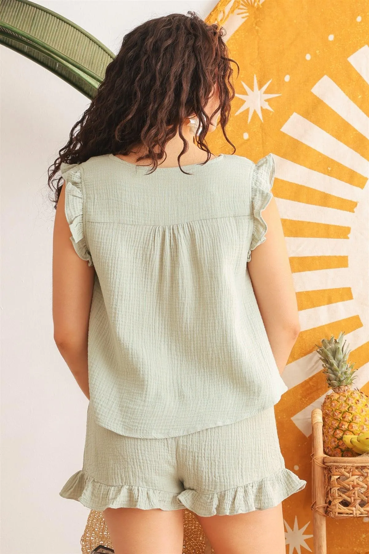 Sage Waffle Knit Button-Up Ruffle Sleeveless Top & High Waist Shorts Set /1-2-2-2-1