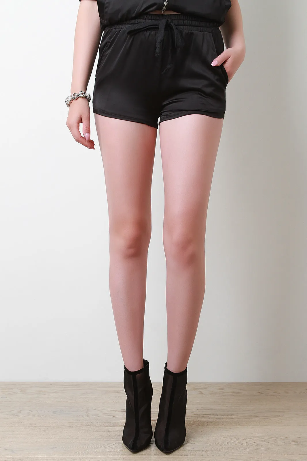 Smooth Satin Mid Rise Drawstring Shorts
