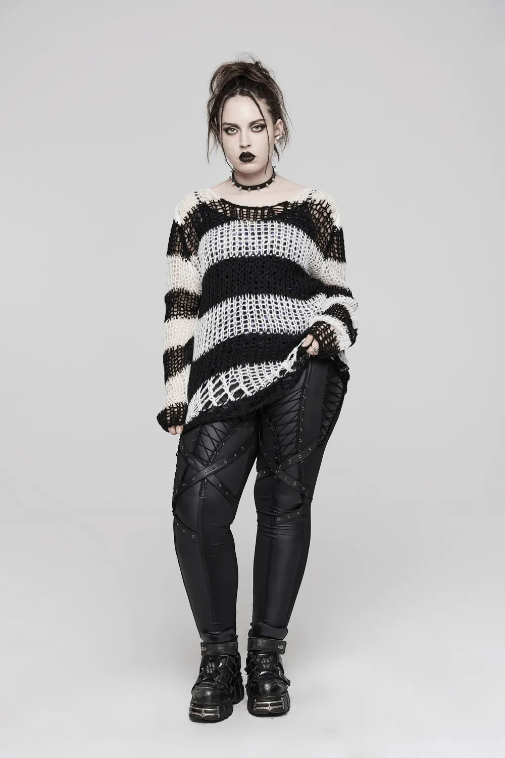 Stylish Mohair Striped Pullover with Irregular Holes