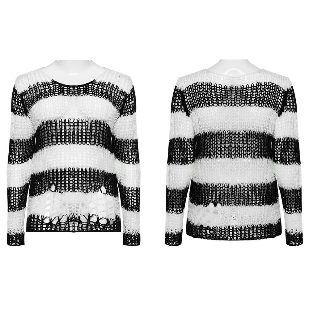 Stylish Mohair Striped Pullover with Irregular Holes