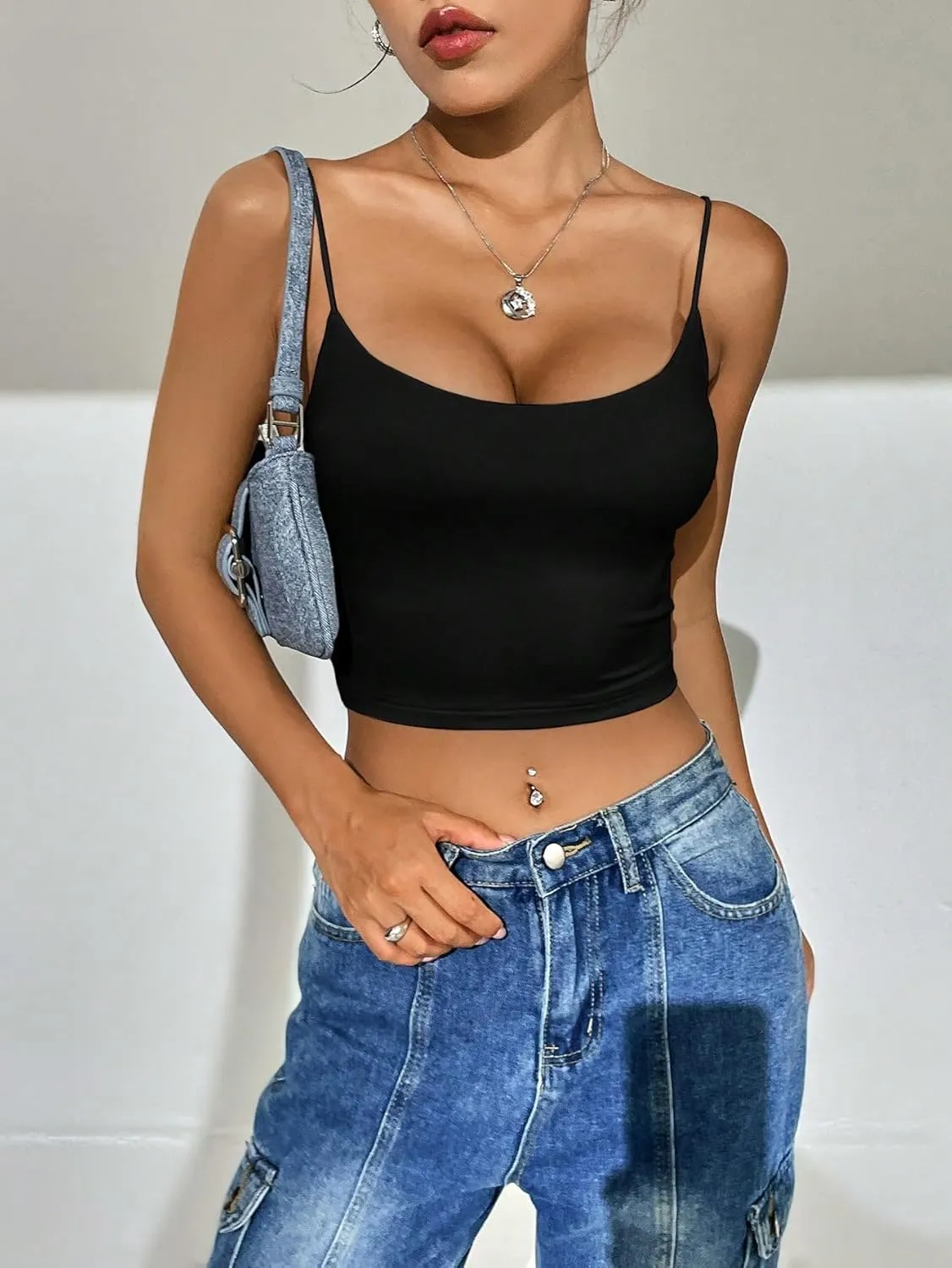 SweatyRocks Women's Basic Spaghetti Strap Scoop Neck Backless Slim Fit Camisole Crop Top