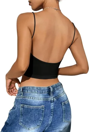 SweatyRocks Women's Basic Spaghetti Strap Scoop Neck Backless Slim Fit Camisole Crop Top