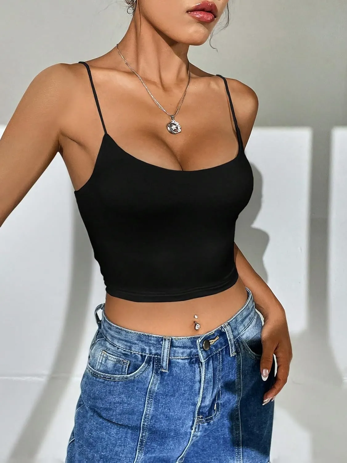 SweatyRocks Women's Basic Spaghetti Strap Scoop Neck Backless Slim Fit Camisole Crop Top