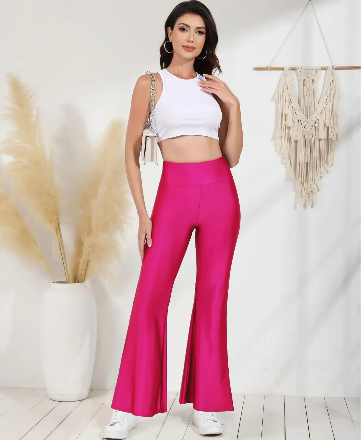 Tulucky Womens Stretchy Shiny Sports High Waisted Yoga Flare Pants Tummy Control Bell Bottom Leggings