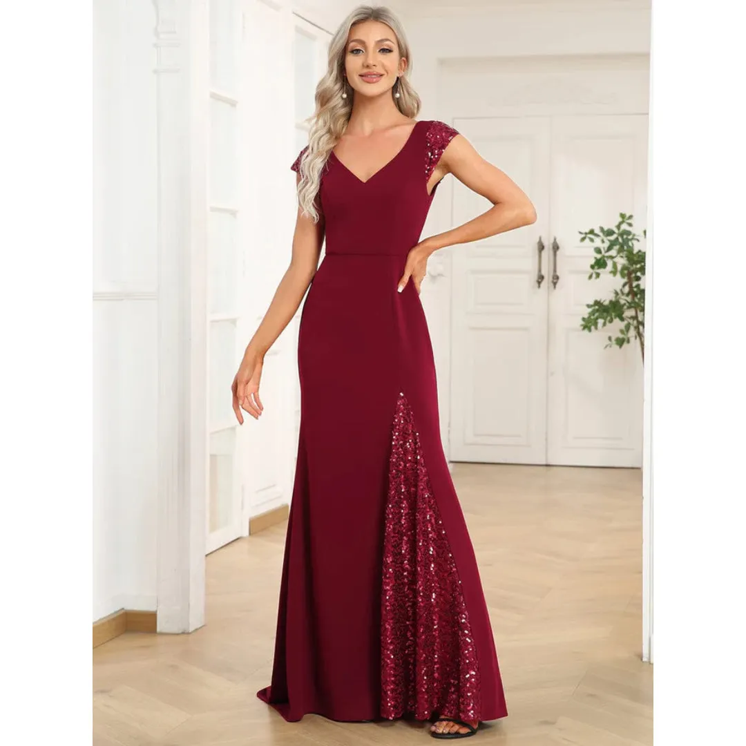 V Neck Short Sleeve Evening Dress