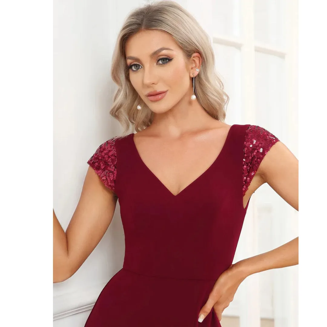 V Neck Short Sleeve Evening Dress