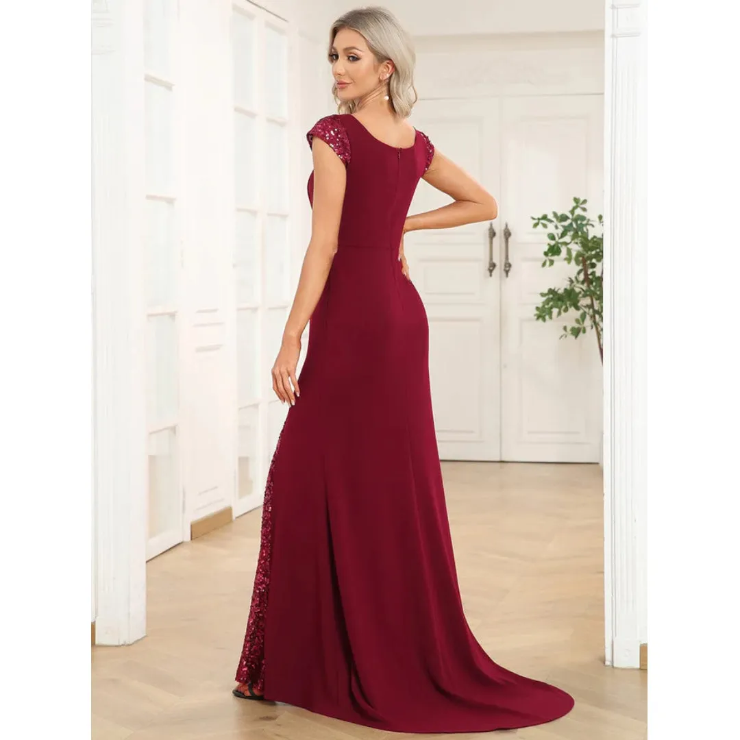 V Neck Short Sleeve Evening Dress