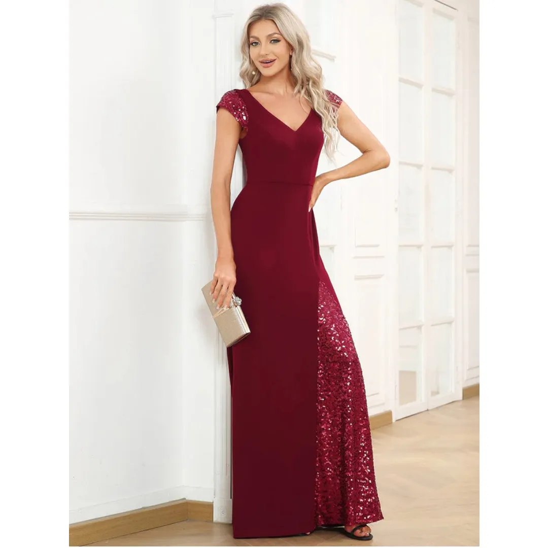V Neck Short Sleeve Evening Dress