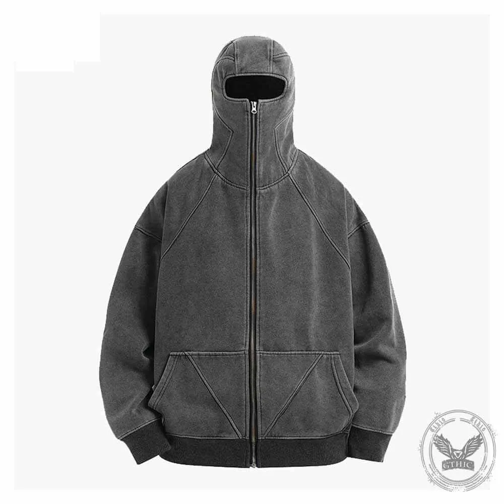 Vintage Black Cotton Washed Mask Hoodie