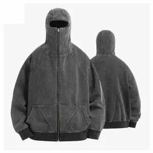 Vintage Black Cotton Washed Mask Hoodie