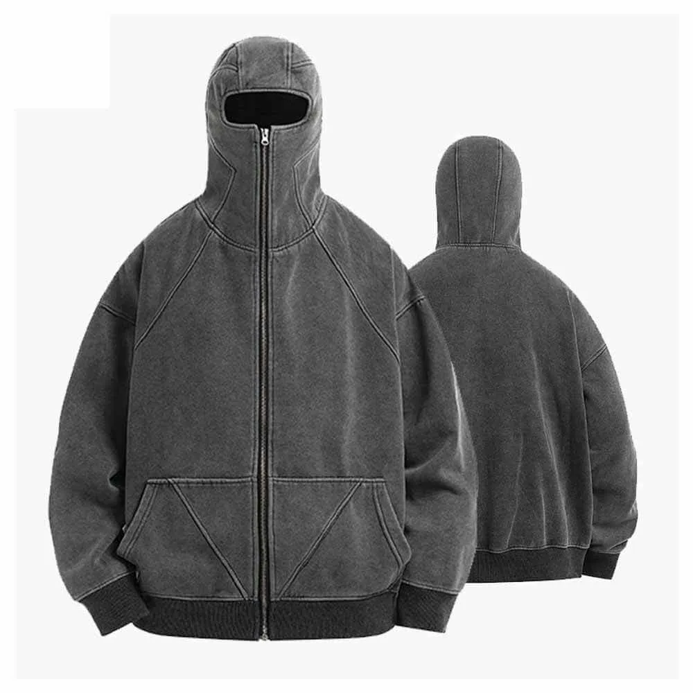 Vintage Black Cotton Washed Mask Hoodie