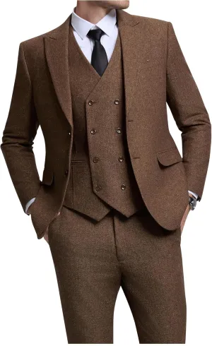 Vintage Tweed Herringbone Suits for Men 2 Button Slim Fit 3 Piece Formal Wool Suit Jacket Vest Pants Men Prom Dress Tuxedo