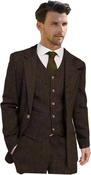 Wangyue Men's Tweed Herringbone 3 Piece Suits Formal Regular Fit Wedding Groom Suits