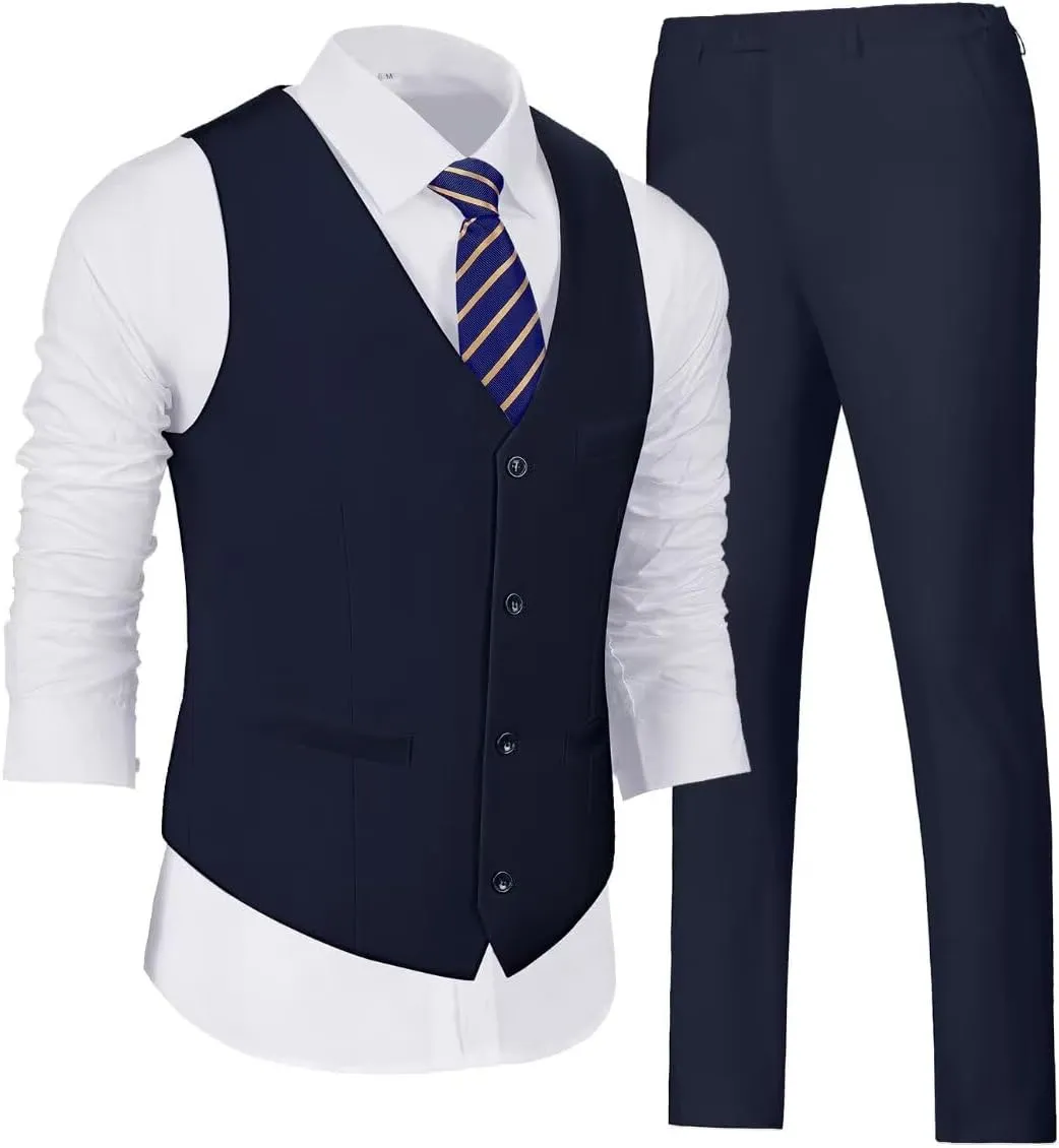 Wehilion Men's Suits 2 Pieces, Vest Pants Set for Men, V-Neck Slim Fit Casual Suit Waistcoat