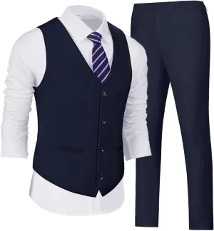 Wehilion Men's Suits 2 Pieces, Vest Pants Set for Men, V-Neck Slim Fit Casual Suit Waistcoat