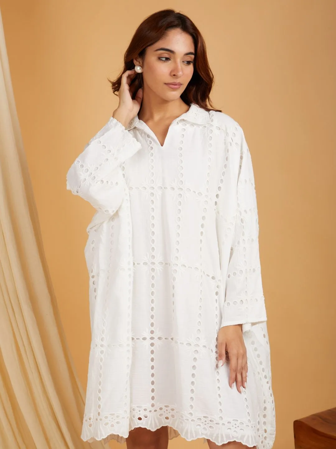 White Cotton Shirt Collar Kafttan Dress