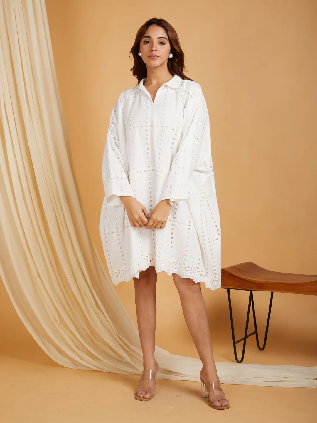White Cotton Shirt Collar Kafttan Dress