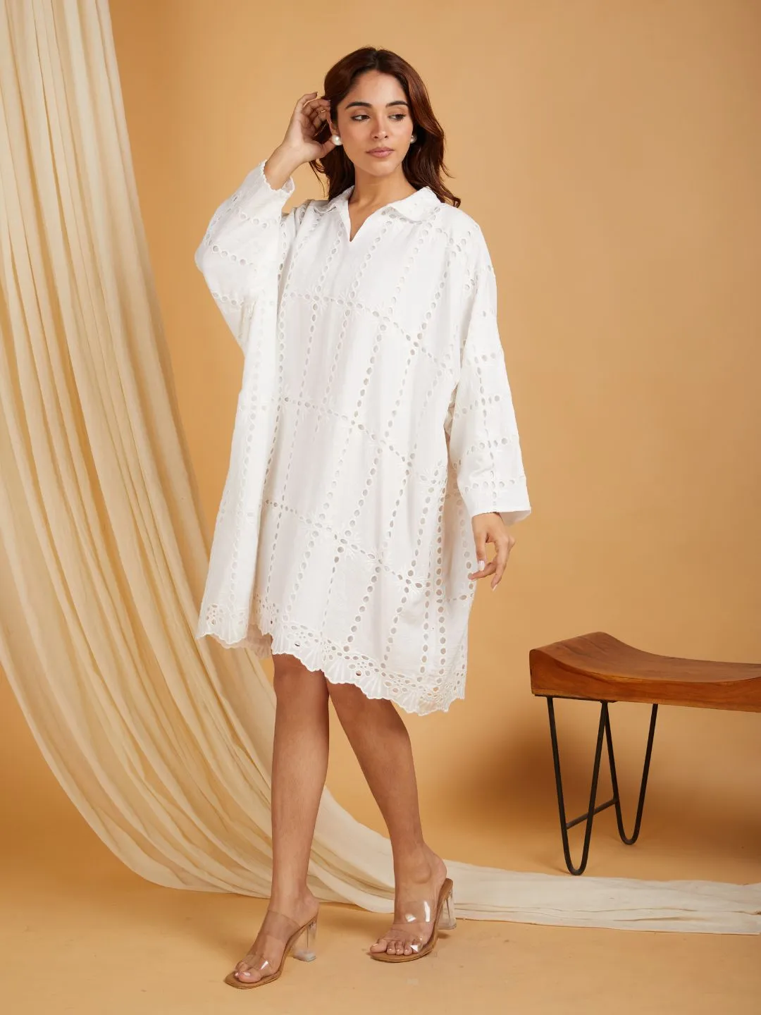 White Cotton Shirt Collar Kafttan Dress