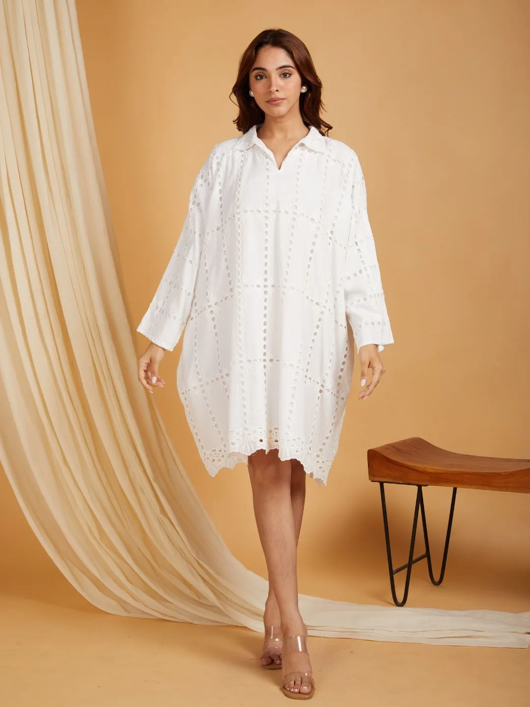White Cotton Shirt Collar Kafttan Dress