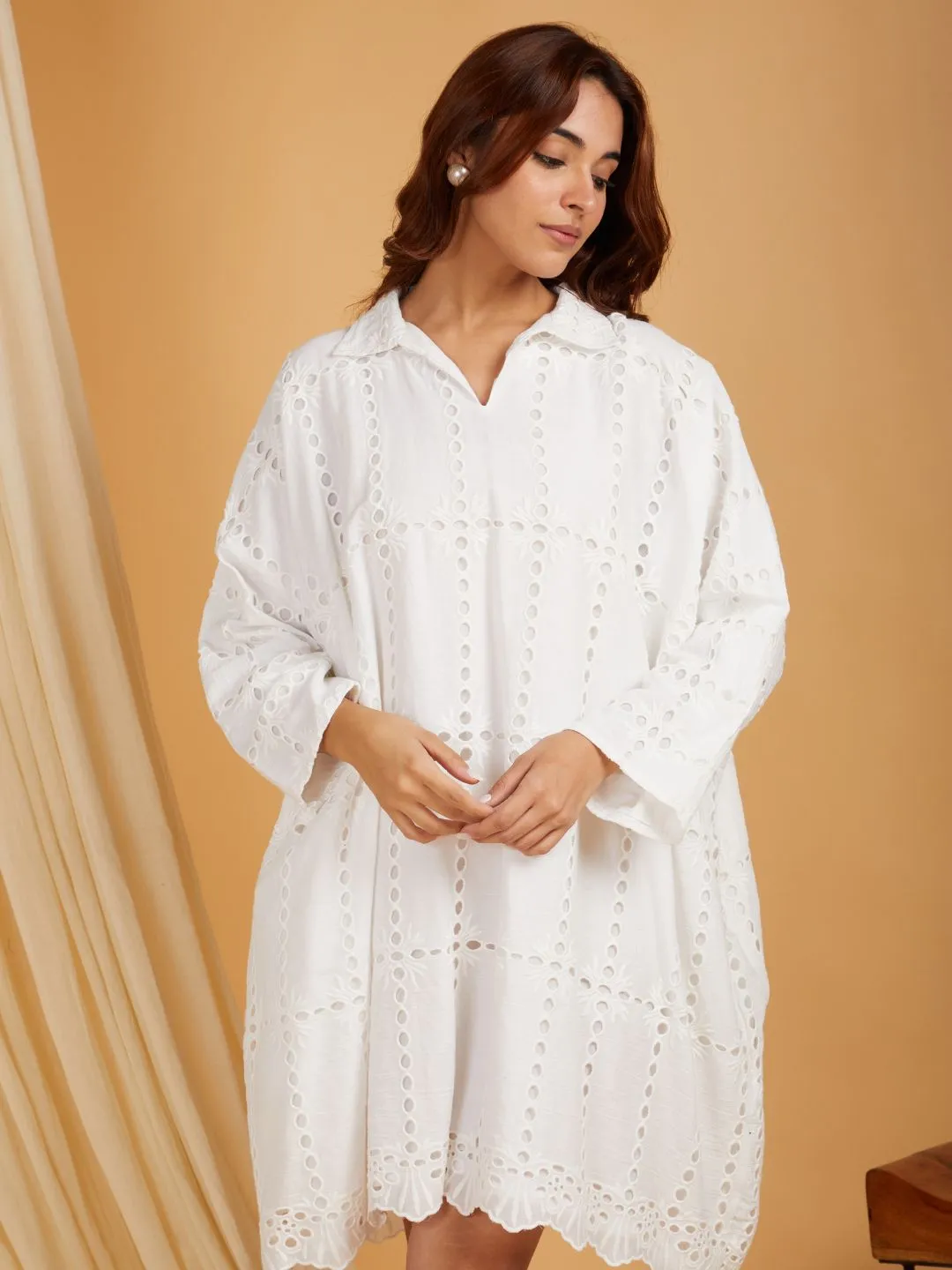 White Cotton Shirt Collar Kafttan Dress