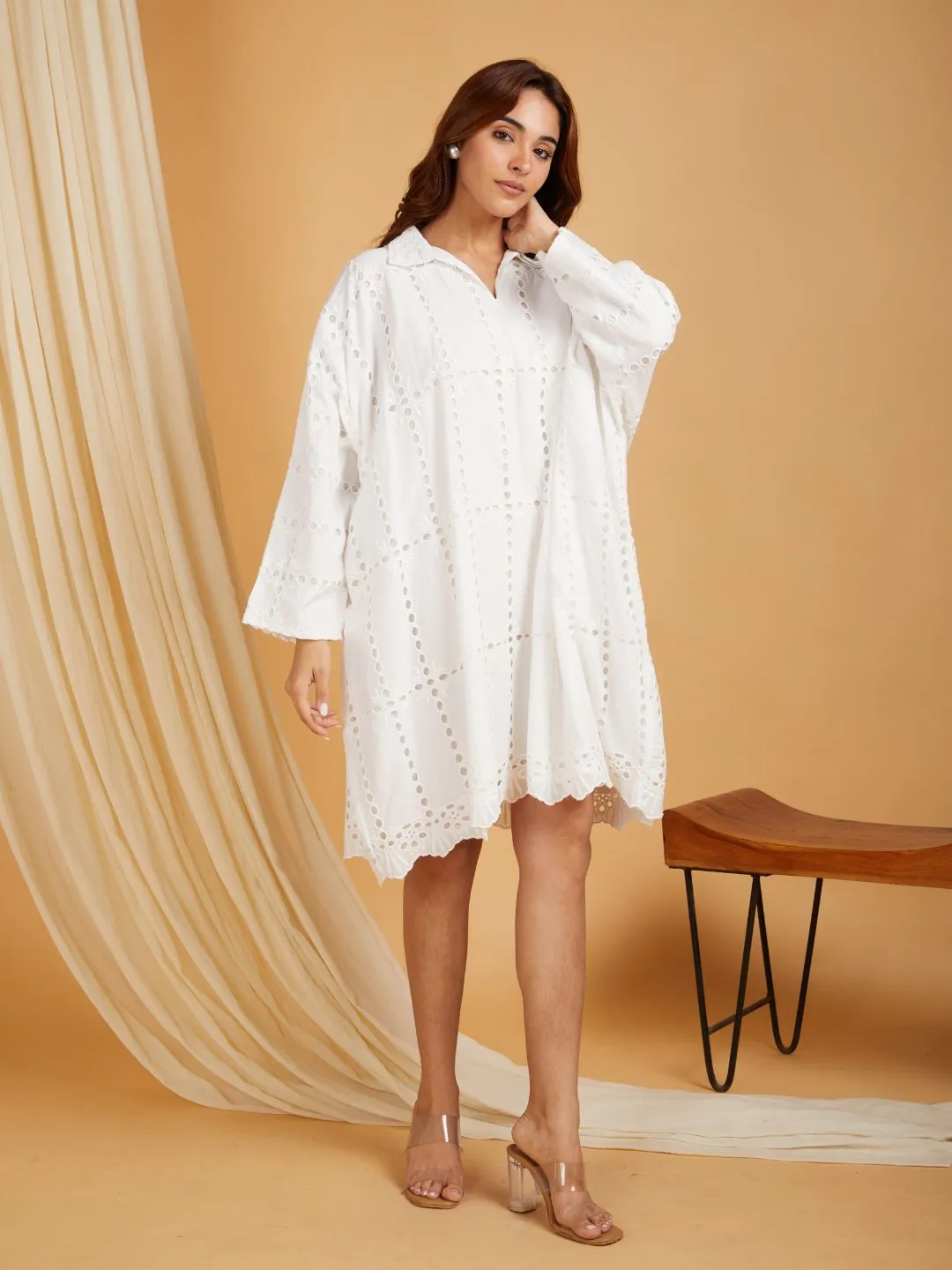 White Cotton Shirt Collar Kafttan Dress
