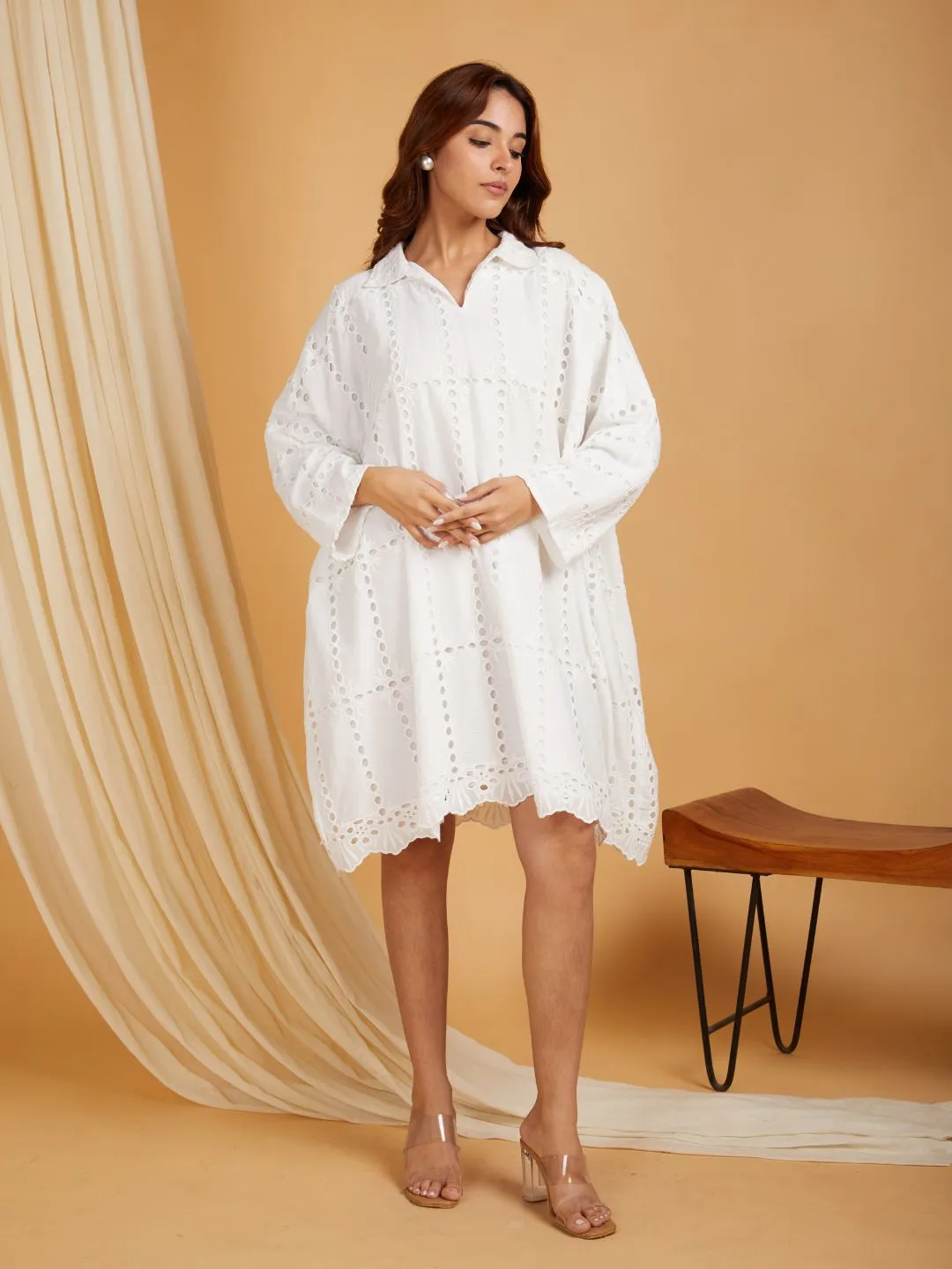 White Cotton Shirt Collar Kafttan Dress
