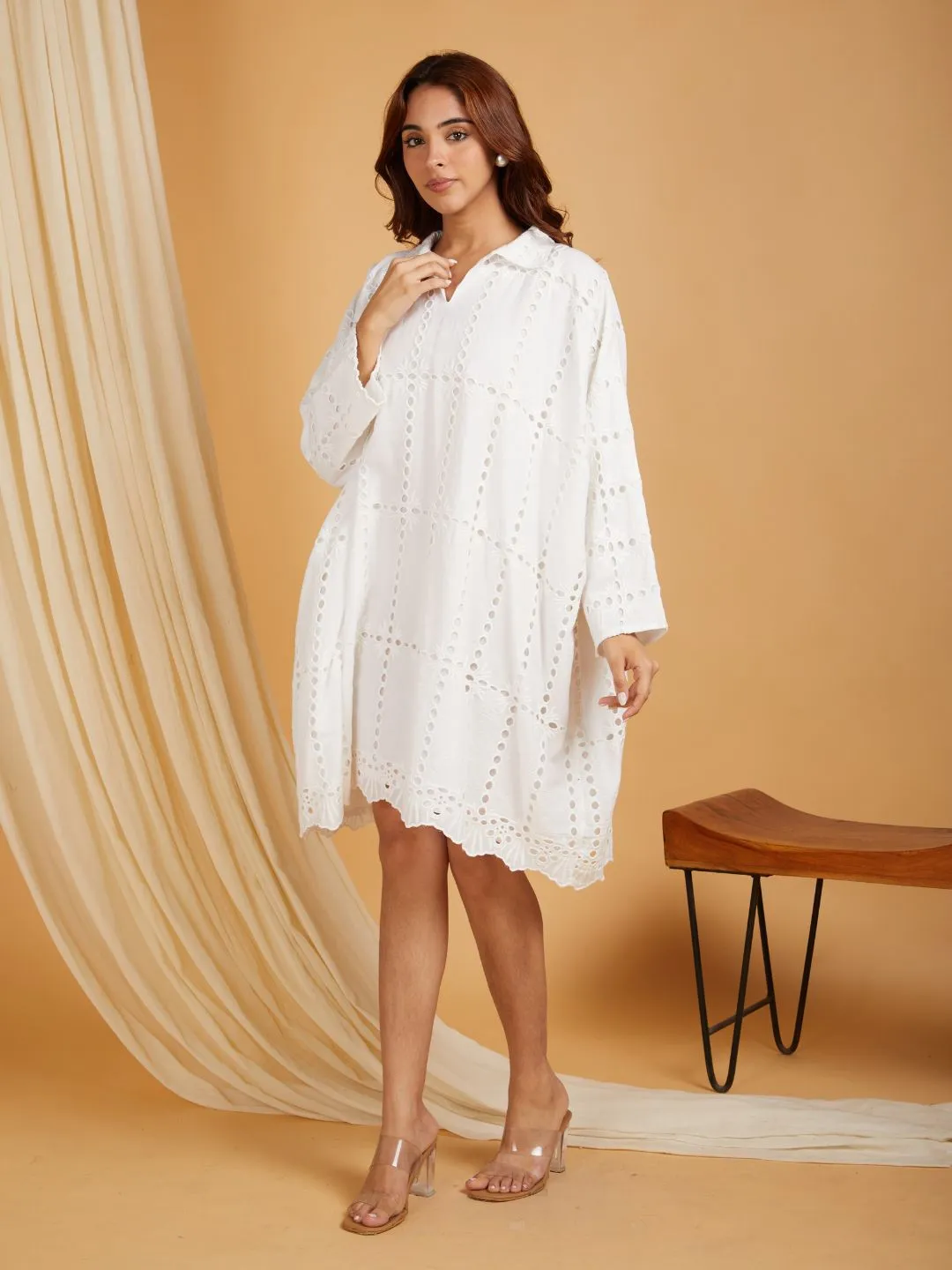 White Cotton Shirt Collar Kafttan Dress