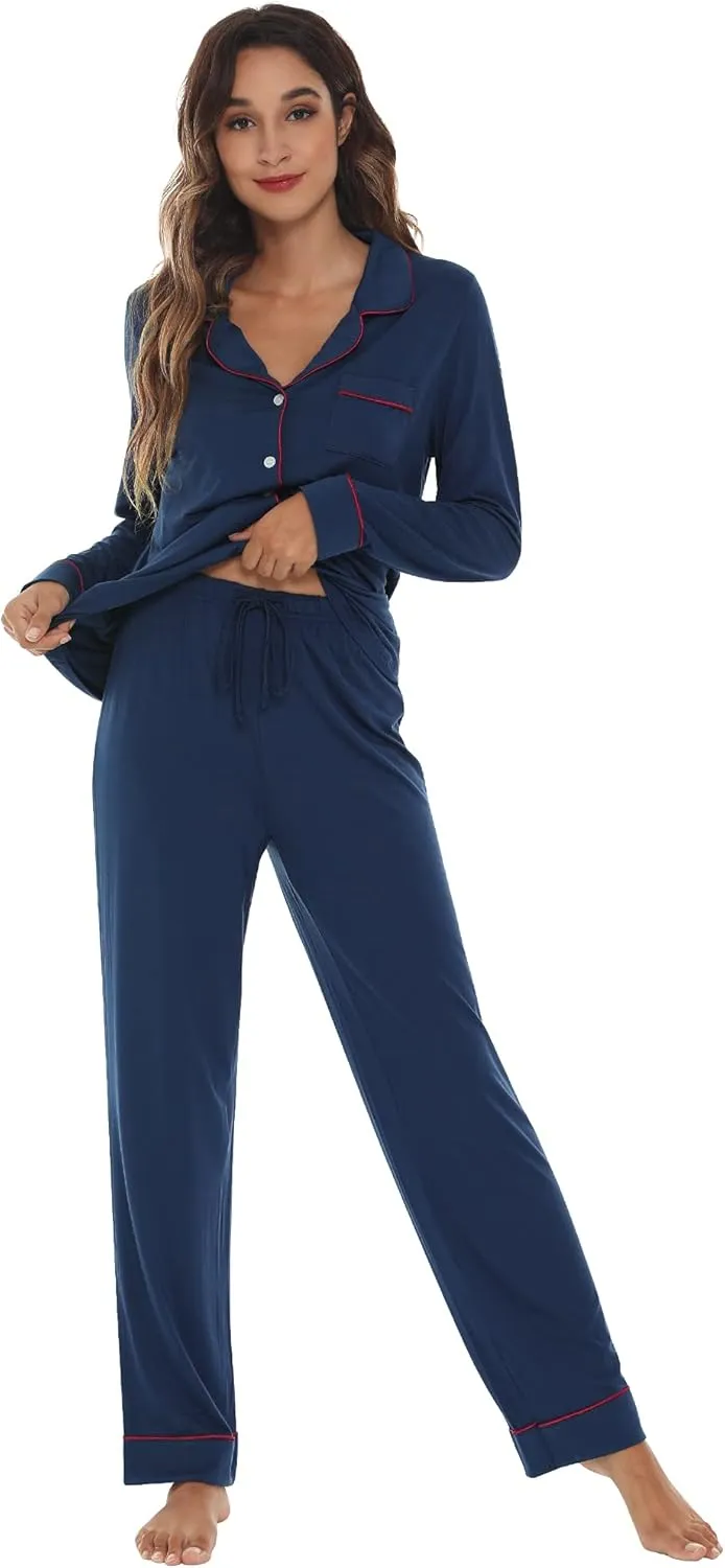 WiWi Bamboo Viscose Pajamas Set for Women Soft Button Down Sleepwear Pj Lightweight Lounge Sets Loungewear S-XXL