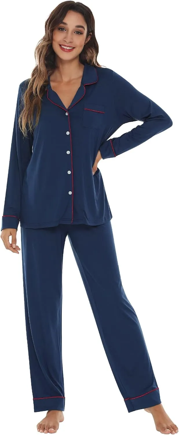 WiWi Bamboo Viscose Pajamas Set for Women Soft Button Down Sleepwear Pj Lightweight Lounge Sets Loungewear S-XXL