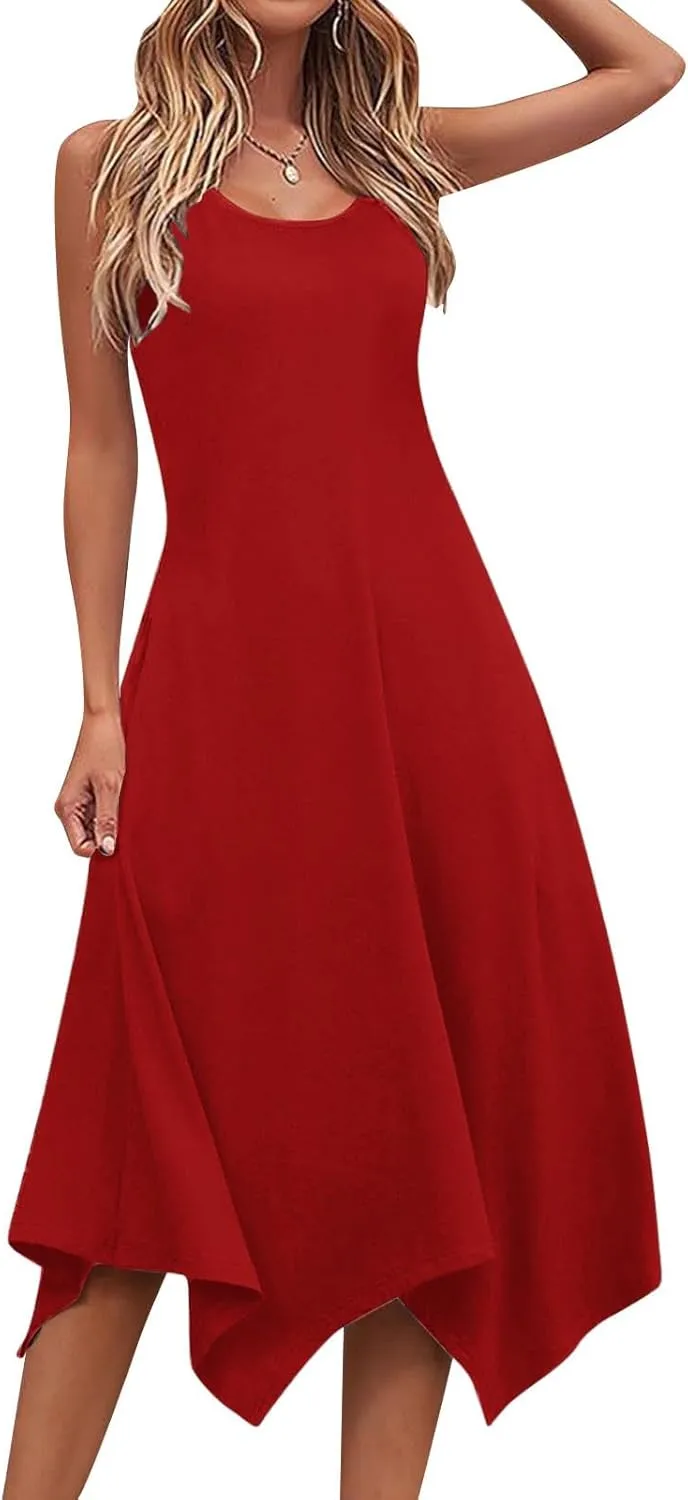 Womens 2025 Summer Casual Dresses Round Neck Sleeveless A Line Flowy Dress Irregular Hem Beach Vacation Midi Dress