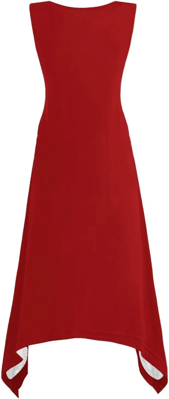 Womens 2025 Summer Casual Dresses Round Neck Sleeveless A Line Flowy Dress Irregular Hem Beach Vacation Midi Dress