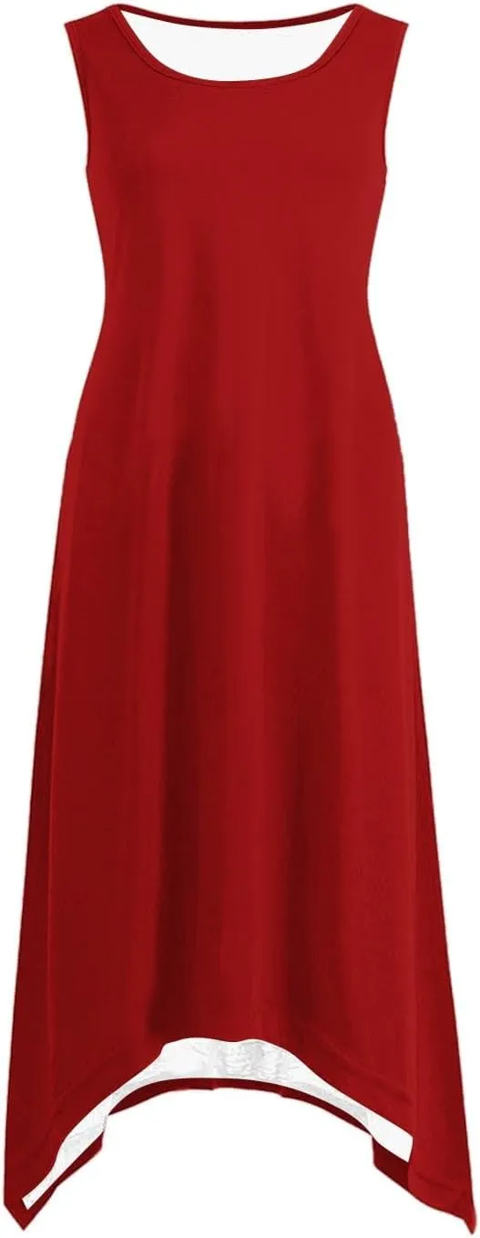 Womens 2025 Summer Casual Dresses Round Neck Sleeveless A Line Flowy Dress Irregular Hem Beach Vacation Midi Dress