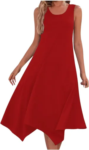 Womens 2025 Summer Casual Dresses Round Neck Sleeveless A Line Flowy Dress Irregular Hem Beach Vacation Midi Dress