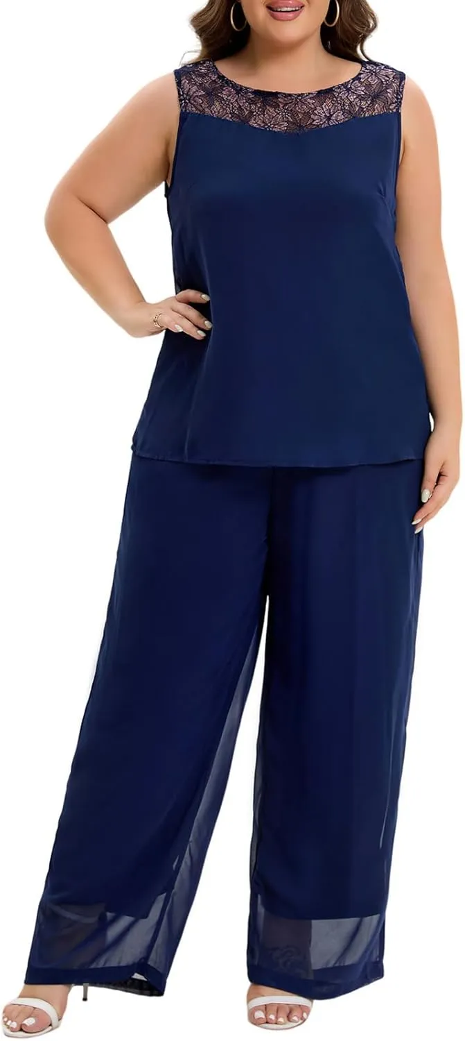 Women's Plus Size Mother of Bride Pant Suits 3 Piece Chiffon Party Sets Lace Splicing Design Evening Gowns