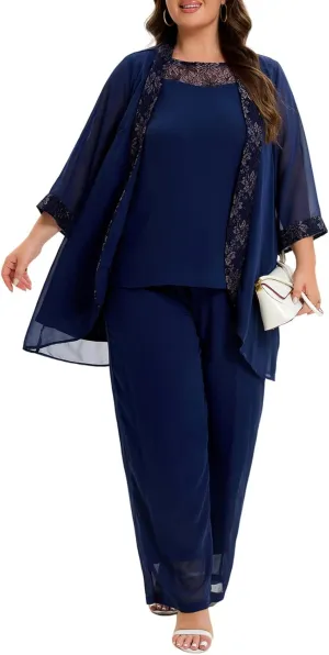 Women's Plus Size Mother of Bride Pant Suits 3 Piece Chiffon Party Sets Lace Splicing Design Evening Gowns