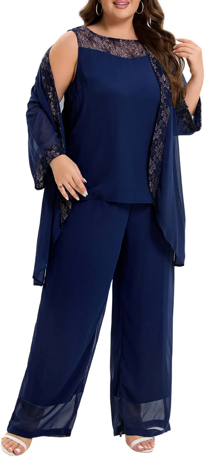Women's Plus Size Mother of Bride Pant Suits 3 Piece Chiffon Party Sets Lace Splicing Design Evening Gowns
