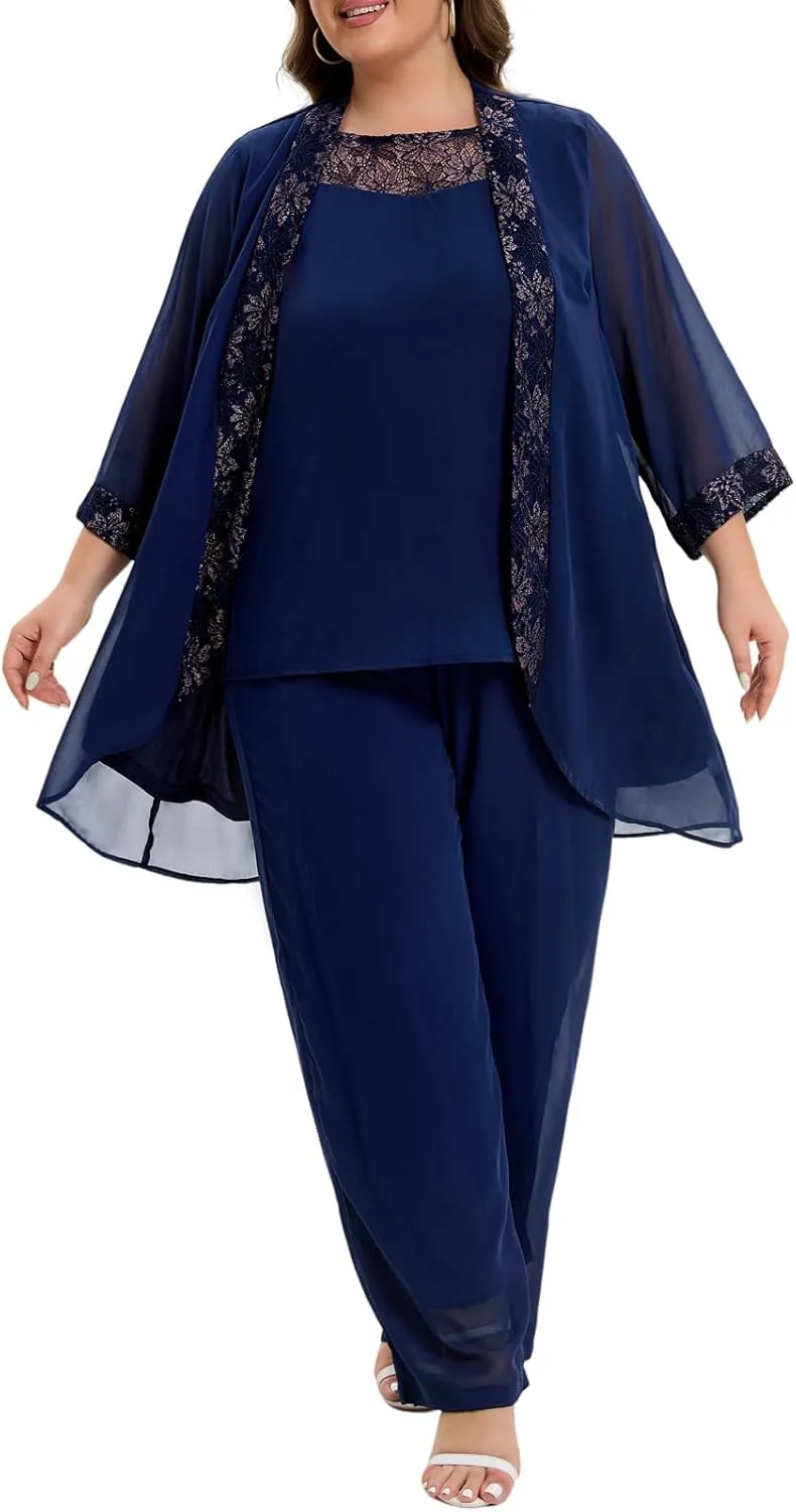Women's Plus Size Mother of Bride Pant Suits 3 Piece Chiffon Party Sets Lace Splicing Design Evening Gowns