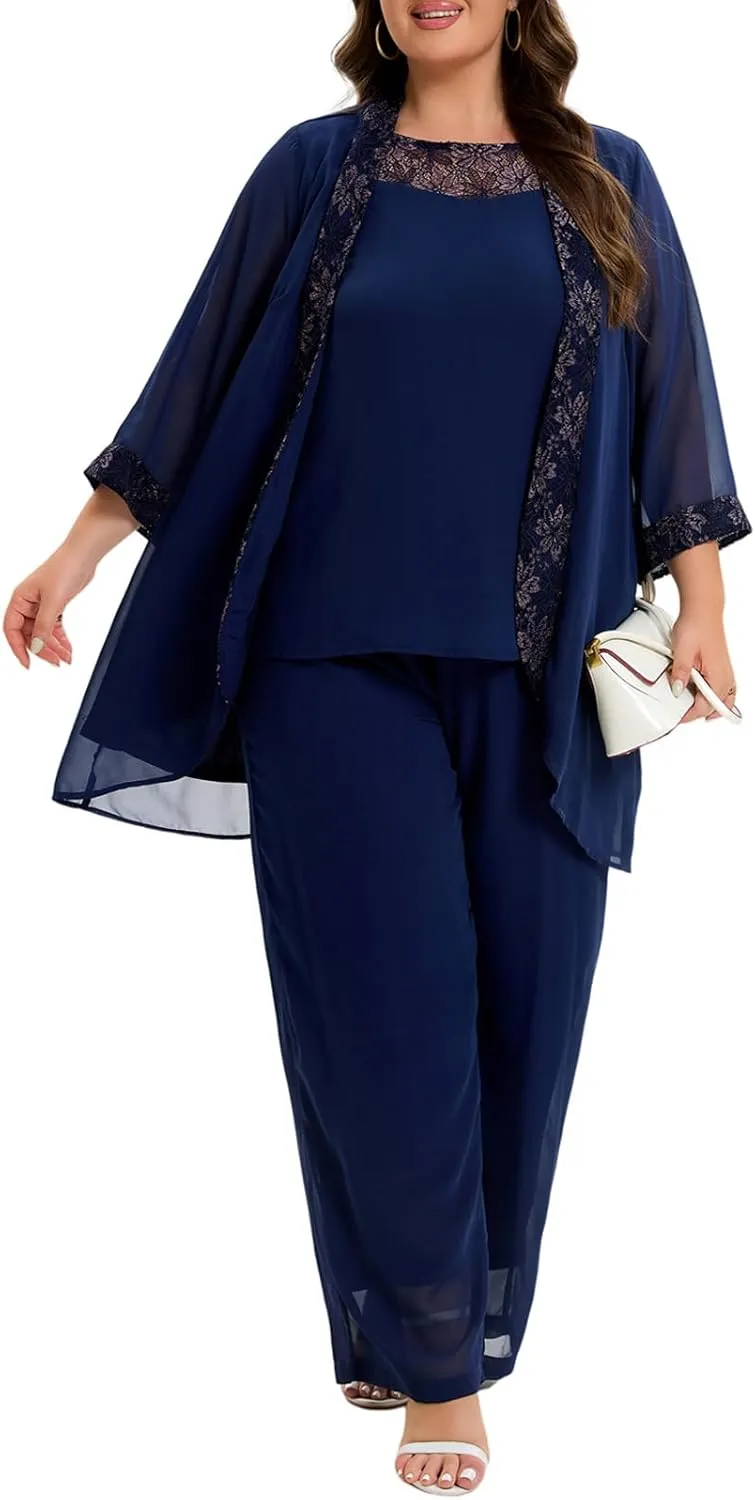 Women's Plus Size Mother of Bride Pant Suits 3 Piece Chiffon Party Sets Lace Splicing Design Evening Gowns