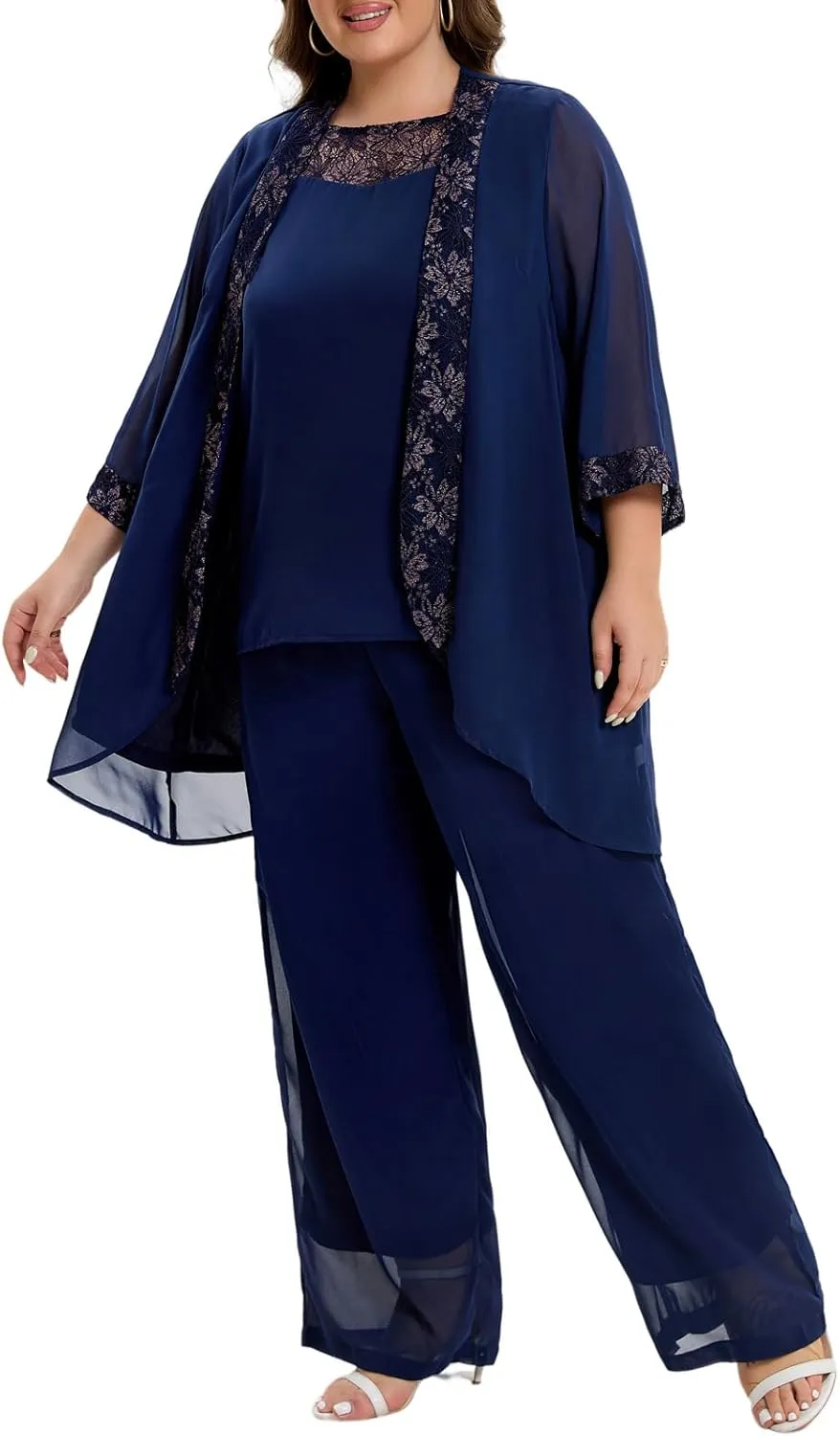 Women's Plus Size Mother of Bride Pant Suits 3 Piece Chiffon Party Sets Lace Splicing Design Evening Gowns