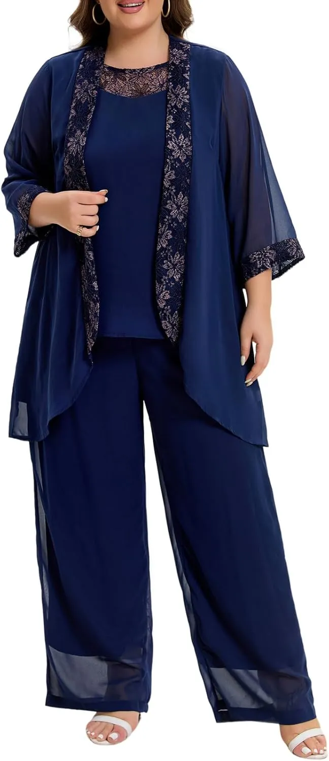 Women's Plus Size Mother of Bride Pant Suits 3 Piece Chiffon Party Sets Lace Splicing Design Evening Gowns