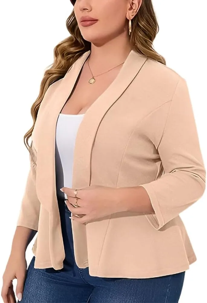 Womens Spring Plus Size Open Front Cardigan 3/4 Long Sleeves Lightweight Draped Cover Ups