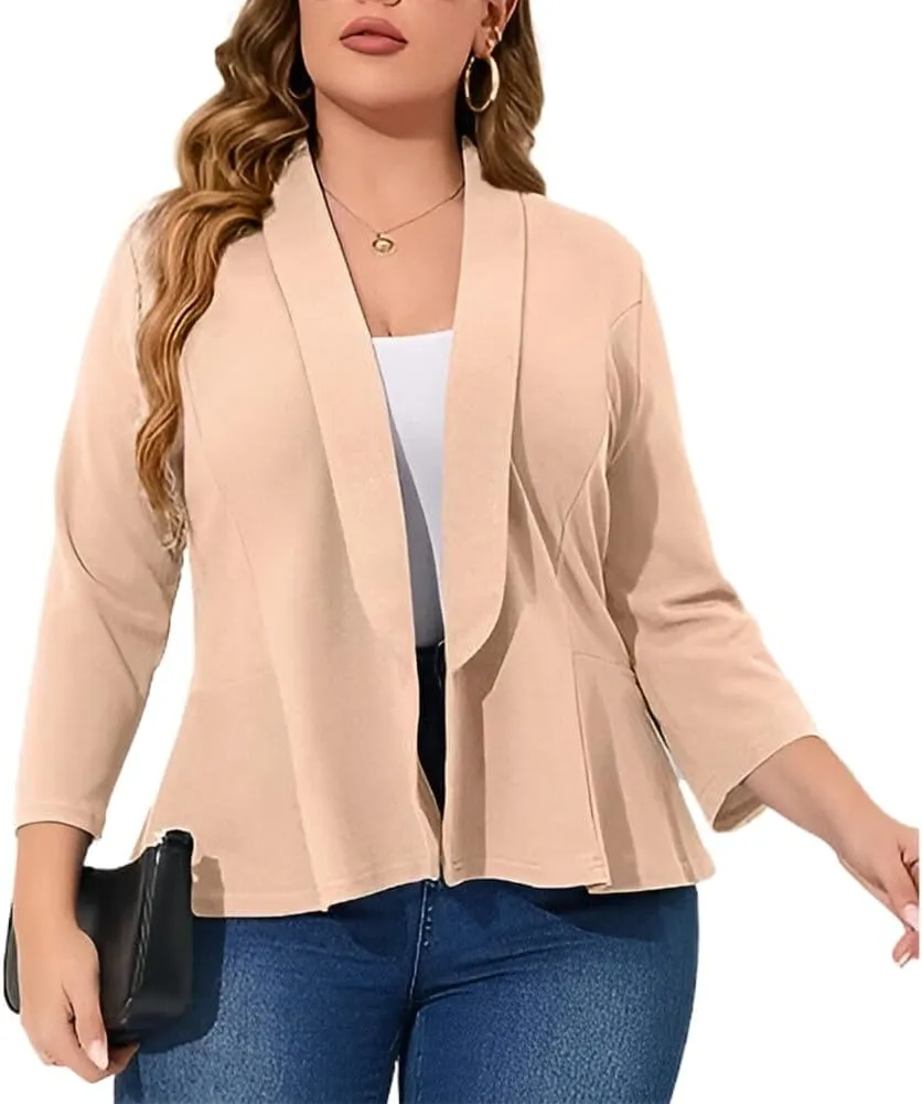 Womens Spring Plus Size Open Front Cardigan 3/4 Long Sleeves Lightweight Draped Cover Ups