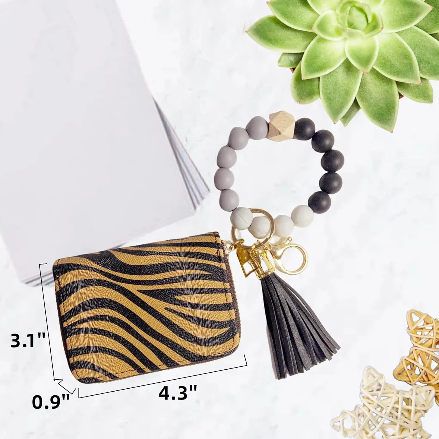 Wristlet Bracelet Keychain with Cute Cow Print Wallet Card Holder Pocket Coin Purse Key Ring for Women