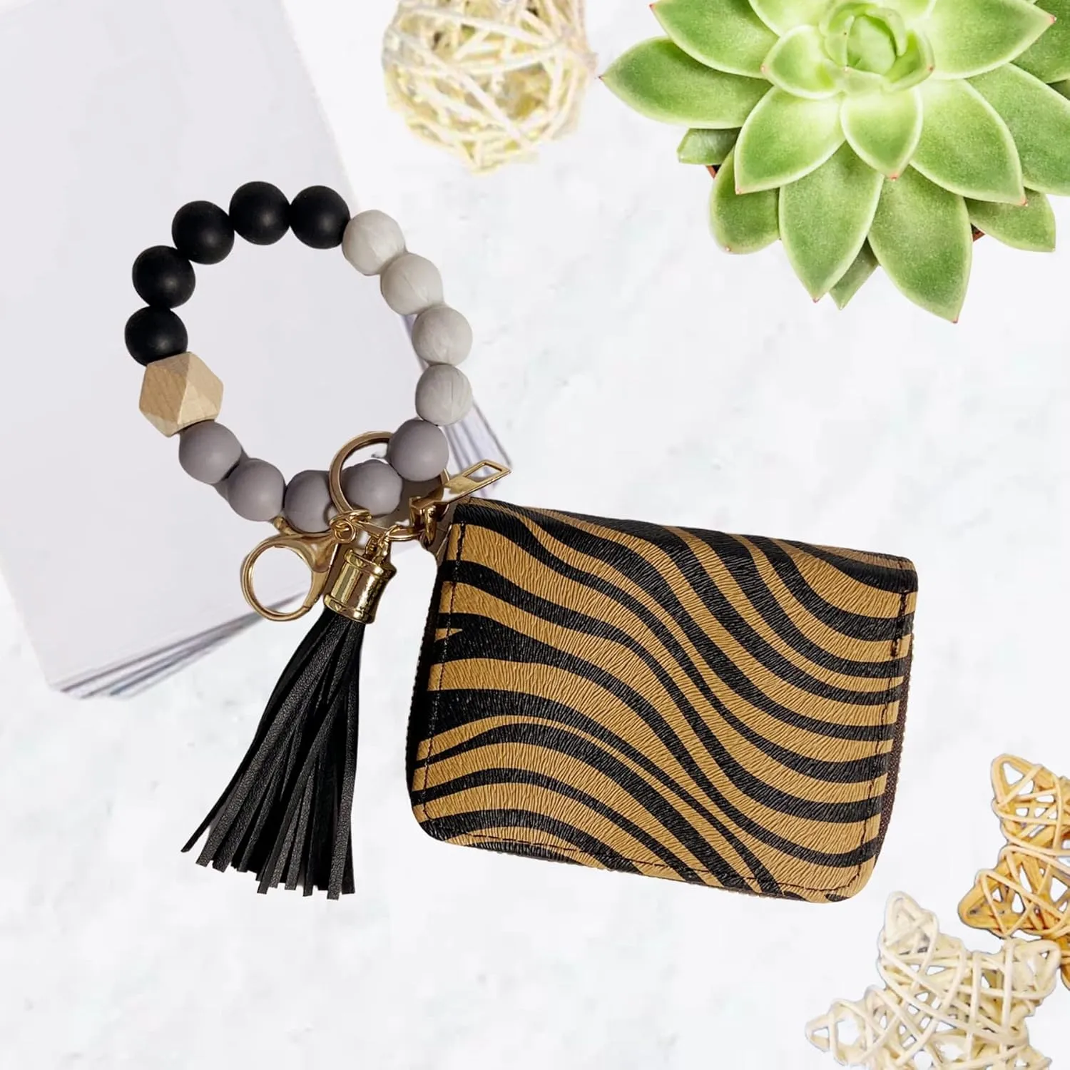 Wristlet Bracelet Keychain with Cute Cow Print Wallet Card Holder Pocket Coin Purse Key Ring for Women
