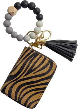 Wristlet Bracelet Keychain with Cute Cow Print Wallet Card Holder Pocket Coin Purse Key Ring for Women