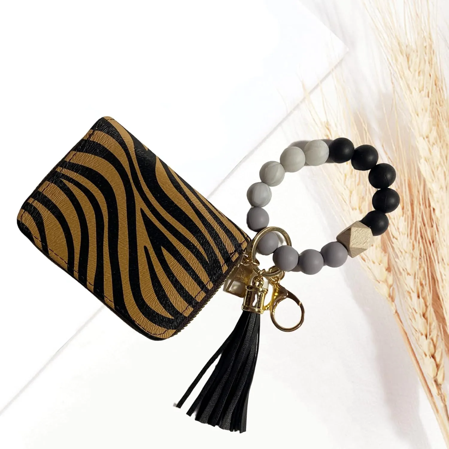 Wristlet Bracelet Keychain with Cute Cow Print Wallet Card Holder Pocket Coin Purse Key Ring for Women