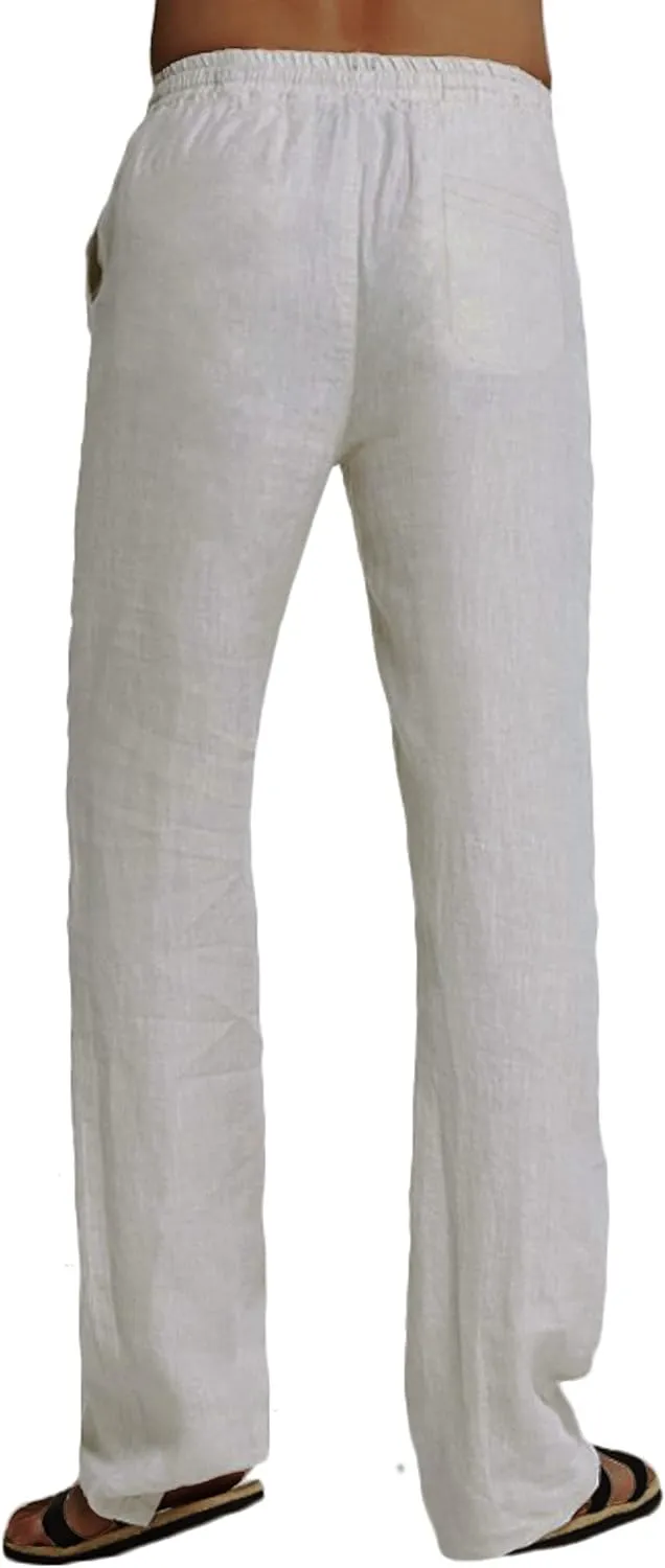 Youhan Men's Fitted Elastic Waistband Cotton Linen Pants with Drawstring