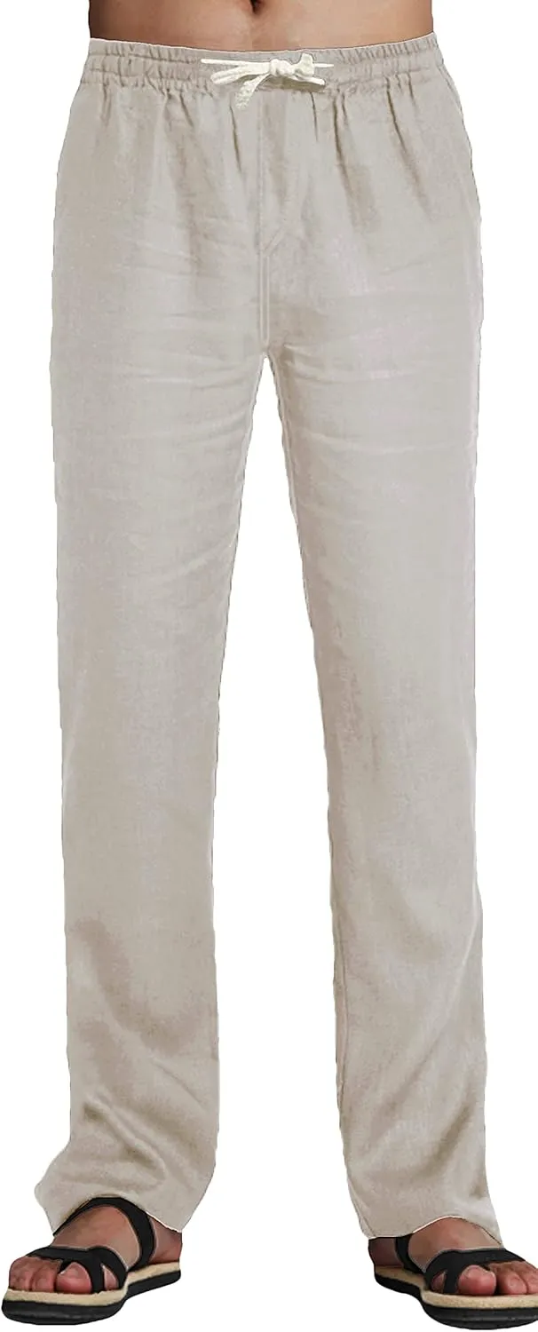 Youhan Men's Fitted Elastic Waistband Cotton Linen Pants with Drawstring