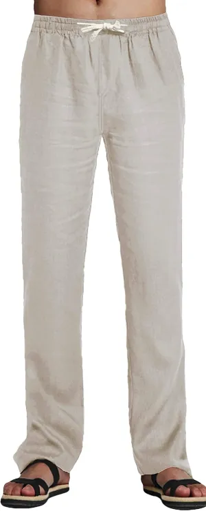 Youhan Men's Fitted Elastic Waistband Cotton Linen Pants with Drawstring