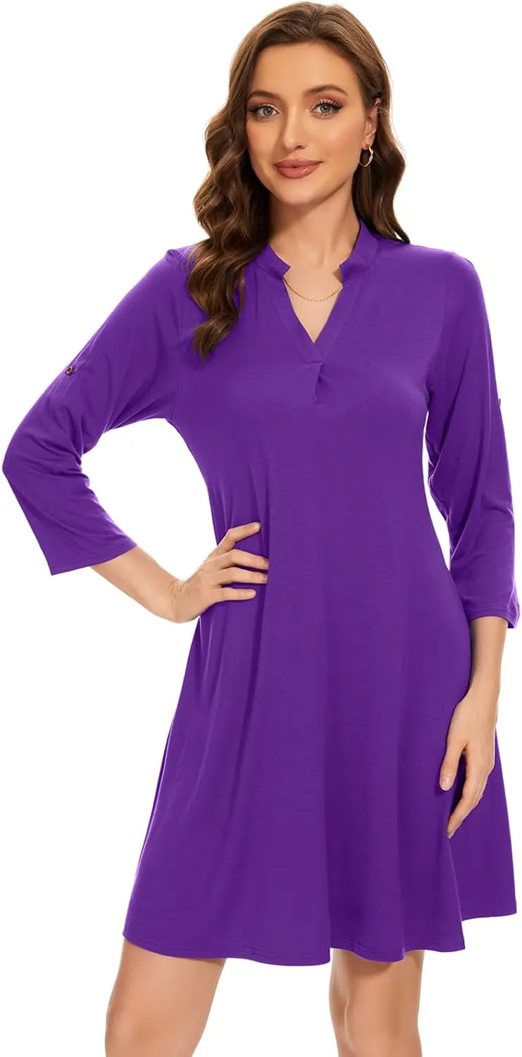 ZENNILO Womens 3/4 Sleeve Dress V Neck Plus Size Tshirt Dress for Women Knee Length with Pockets